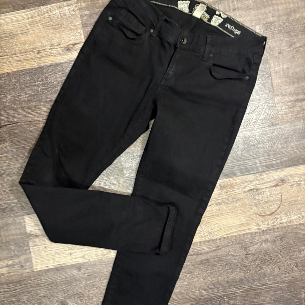 Black Y2K Glam Refuge straight leg jeans with silver embroidery size 10